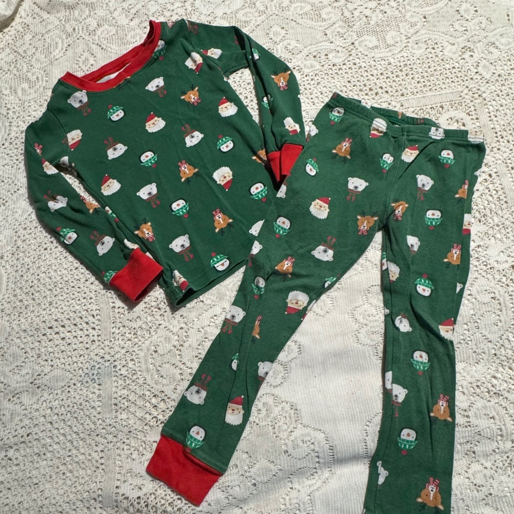 Carters Kids Christmas Pajamas 5t Green Santa Reindeer Bear Long Sleeve Set